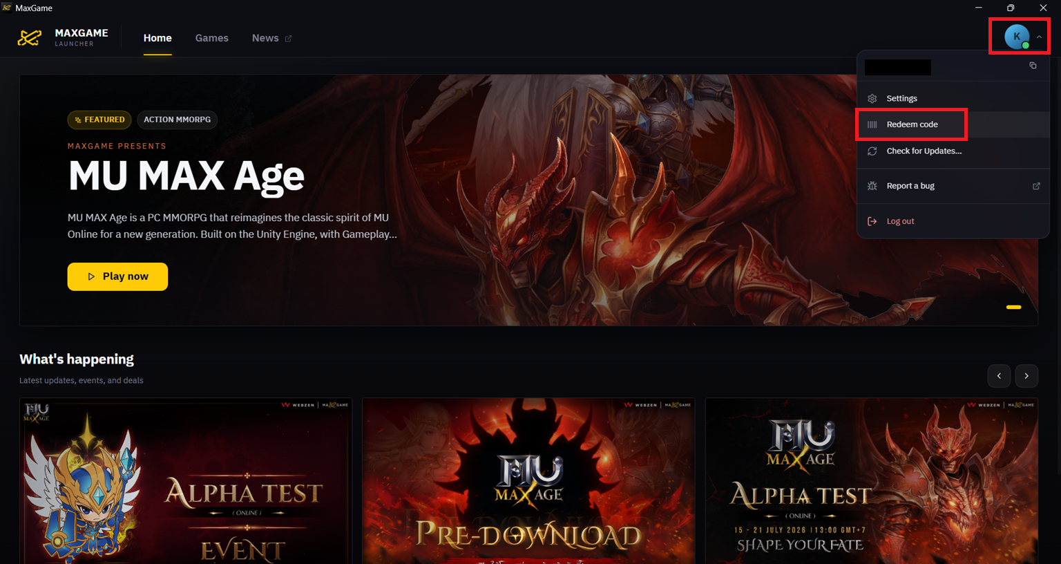MaxGame Launcher screen for redeeming an Invite Key